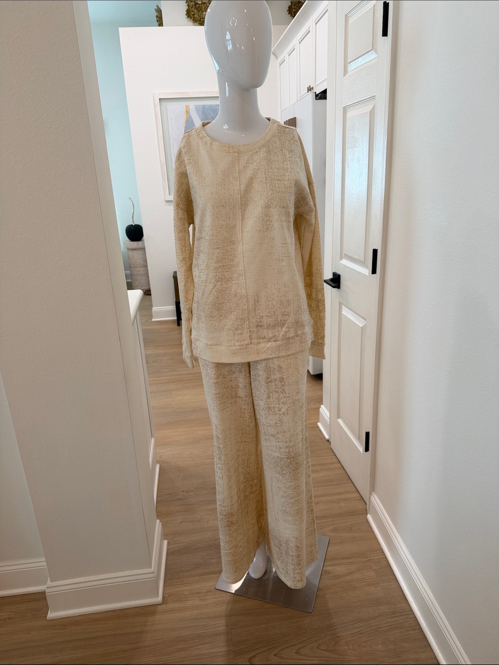 Peace Love World Cream /Metallic Gold Textured Knit Wide-Leg Lounge Set